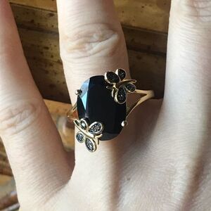 Natural Black Spinel Champagne Diamond Sterling Silver Ring Size 10 Discounted